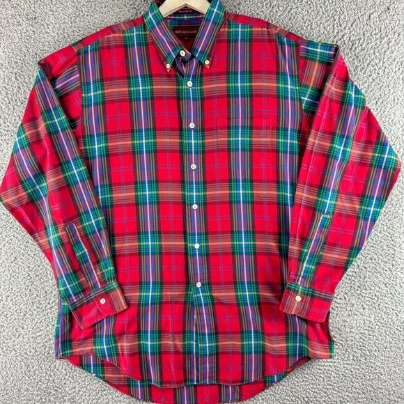 Vintage Chaps Ralph Lauren Shirt Mens Large Red Plaid Preppy 90s Y2K Lightweight - Picture 1 of 10